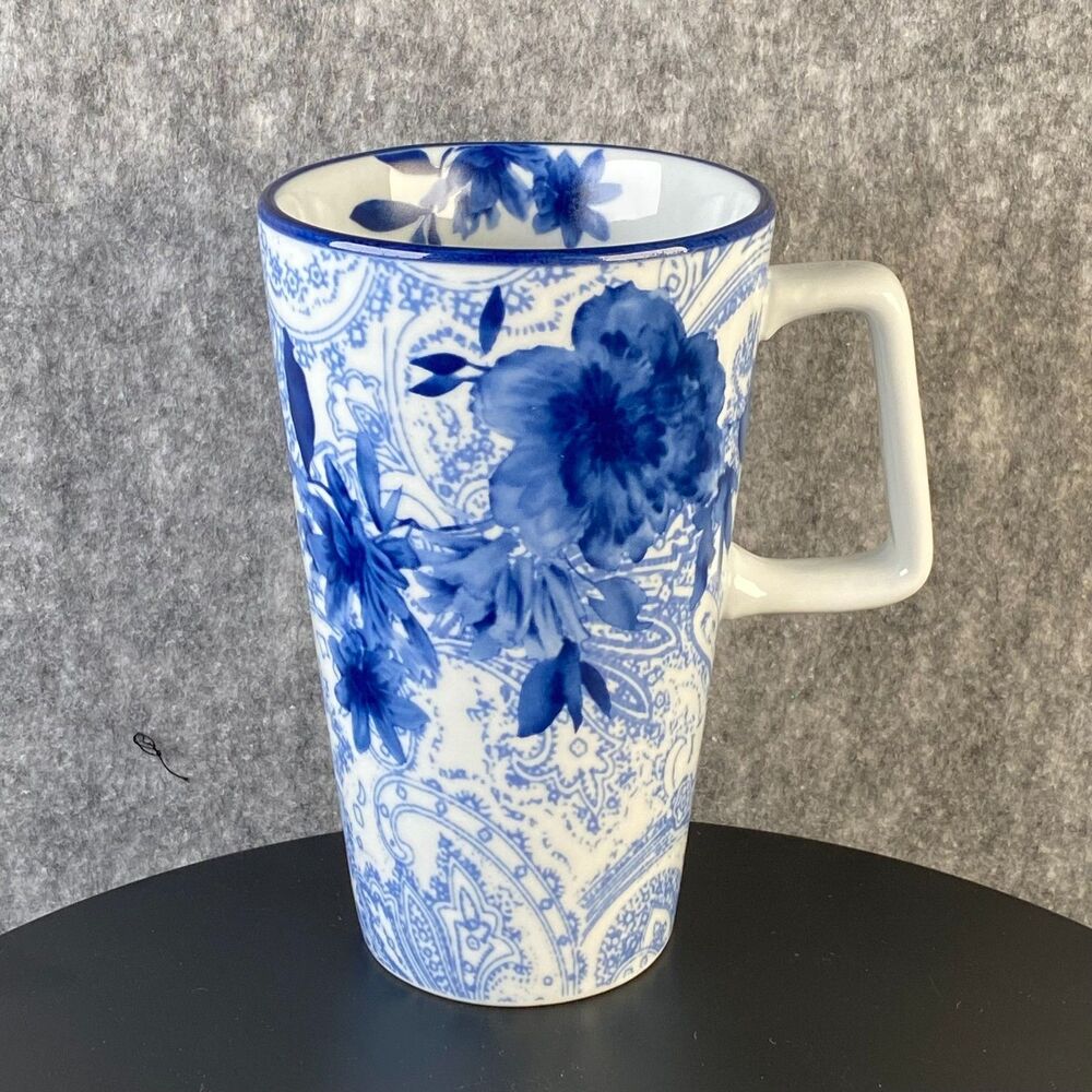 Cracker Barrel Blue and White Tall Coffee Mug Floral Paisley Replacement 6" 14oz